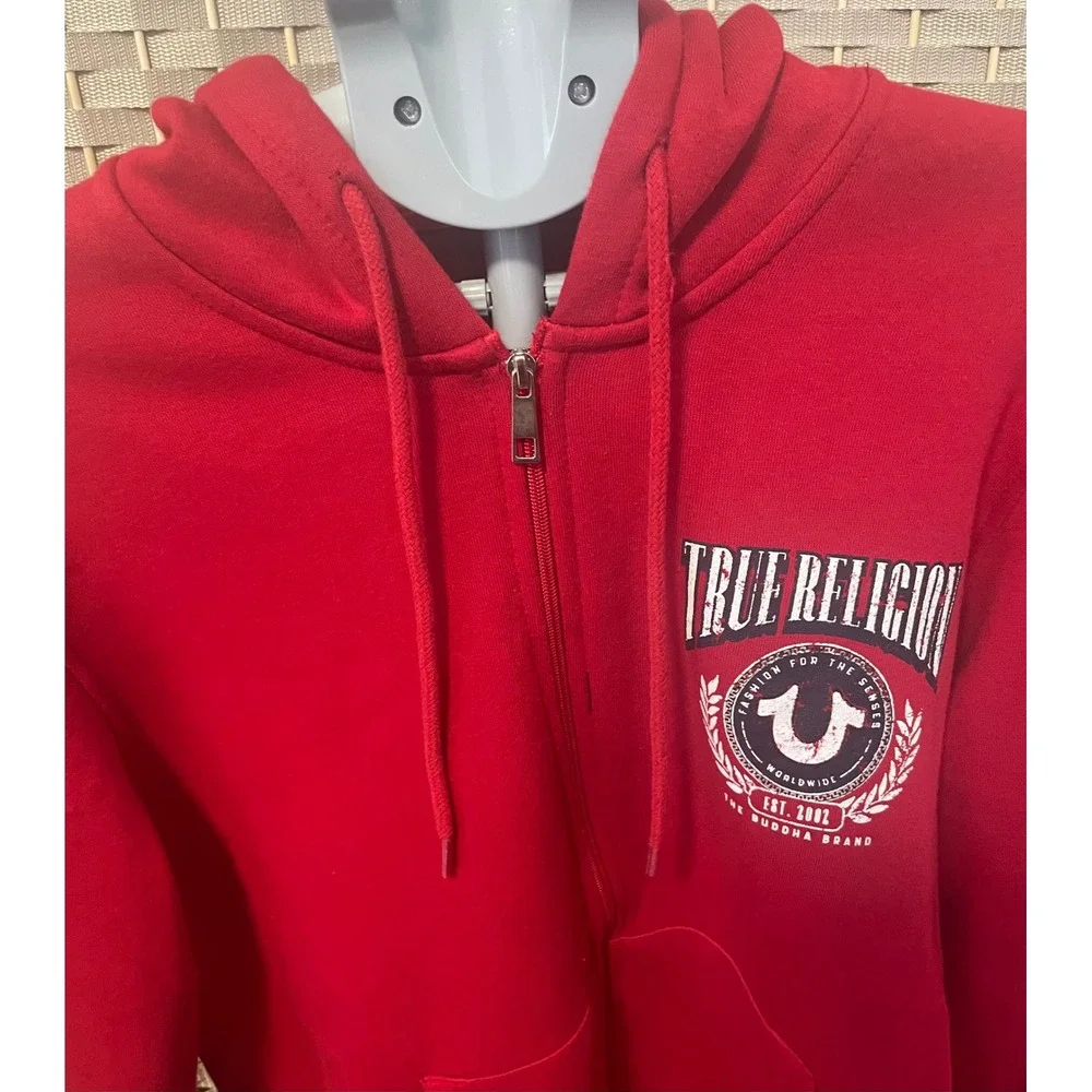 True Religion Mens College HS Zip Hoodie Red Distressed Logo Sweatshirt L